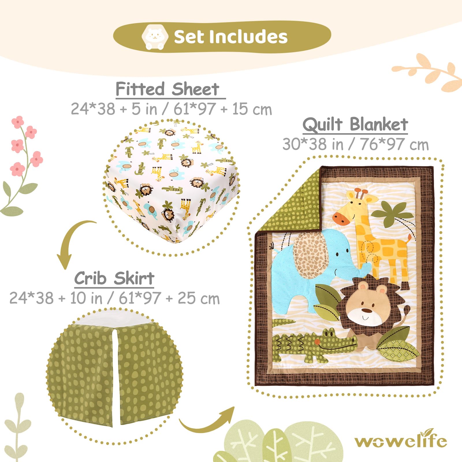 Wowelife mini crib bedding set flatlay showing coordinated pieces for nursery setup