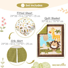 Wowelife mini crib bedding set flatlay showing coordinated pieces for nursery setup