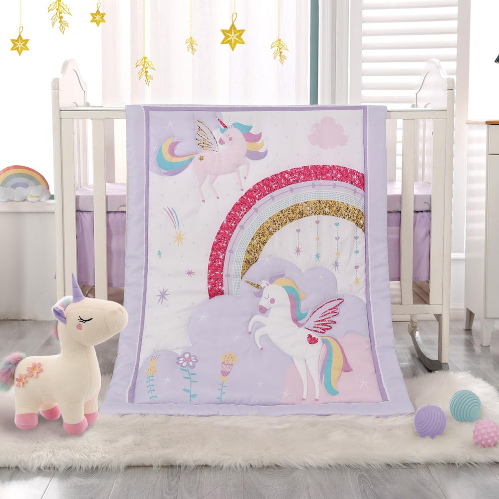 Wowelife mini girl crib bedding unicorn comforter offers cozy, soothing unicorn design.