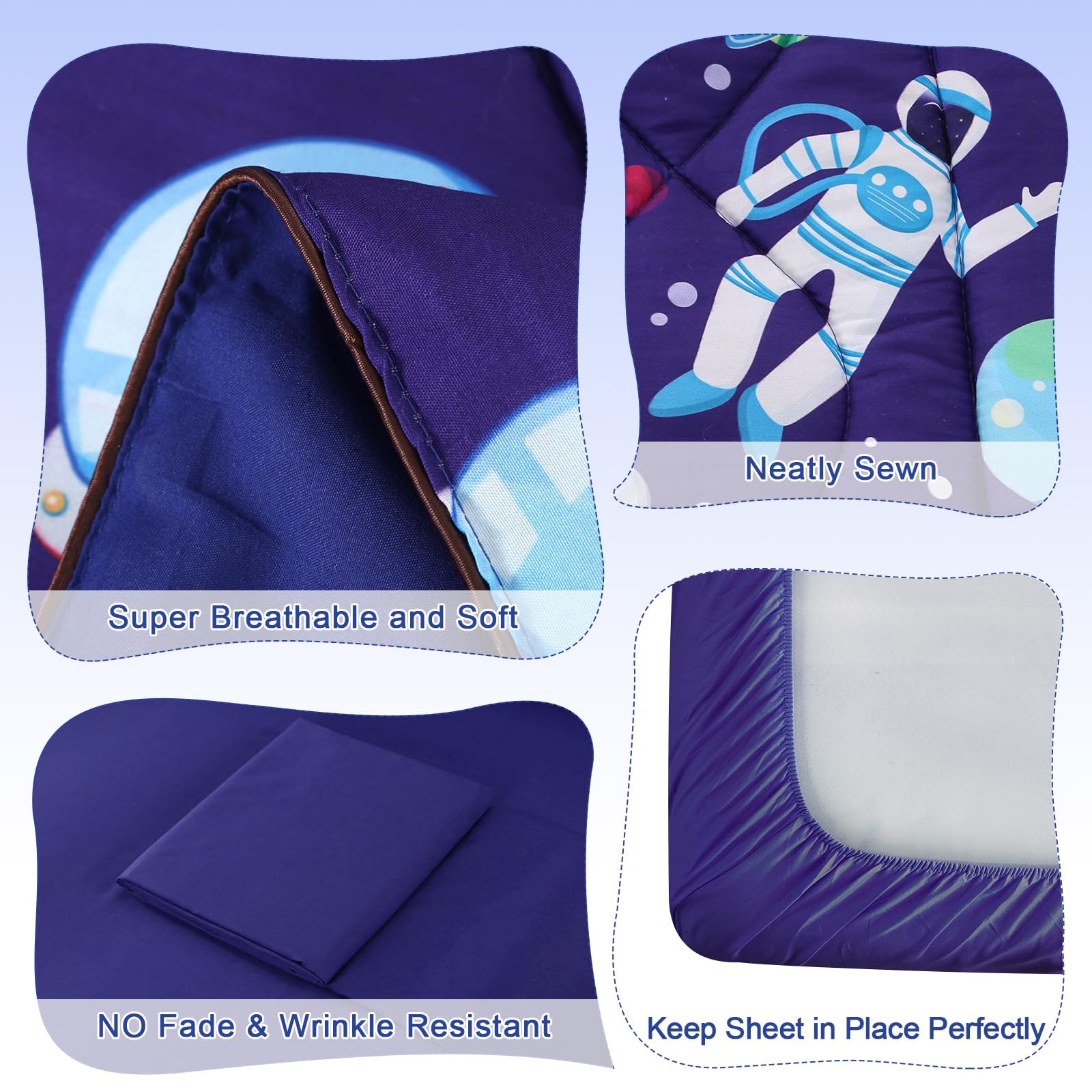 Wowelife space toddler top sheet in blue enhances cool, breathable nights.