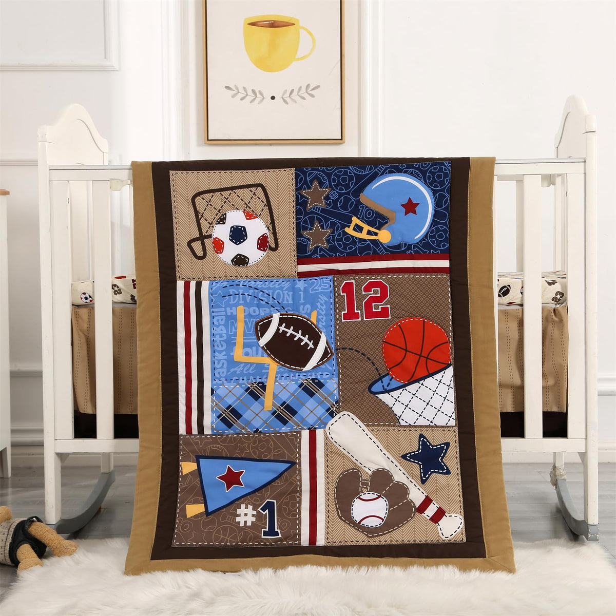 Wowelife sports crib bedding comforter showcases soft fabric and brown sports print for cozy naps.