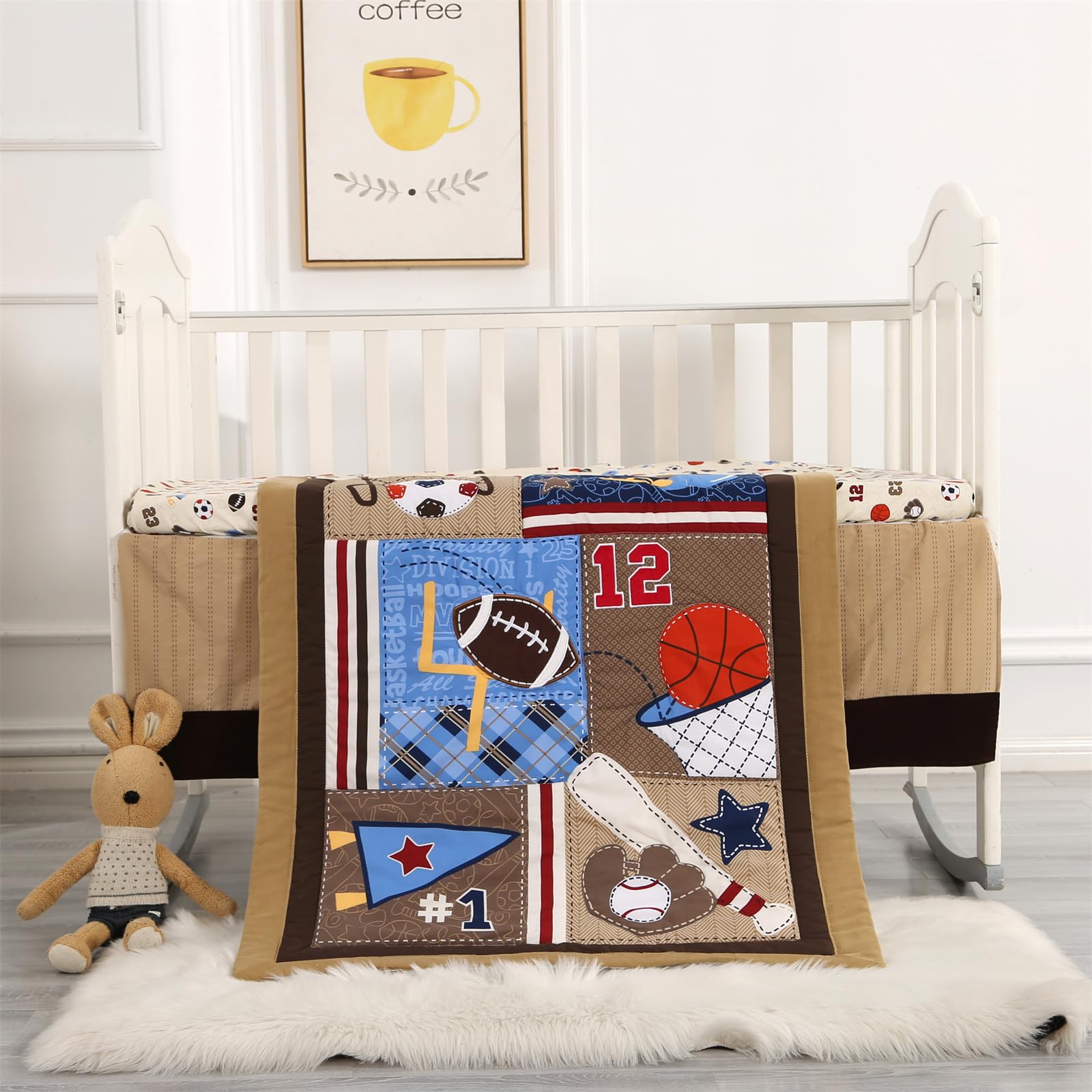 Wowelife sports crib bedding crib skirt with elastic fit and themed pattern for tidy nursery decor.