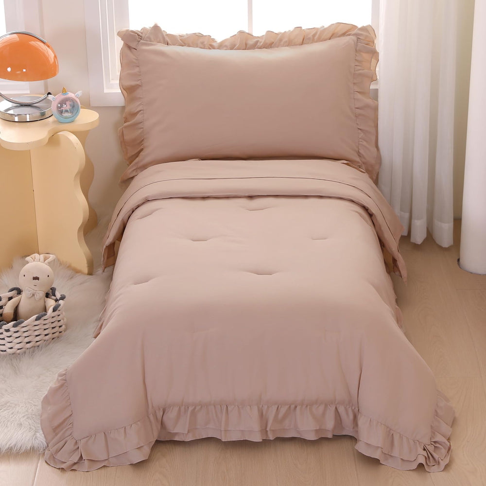 Wowelife toddler bedding beige double-ruffles comforter cozy sleep ambiance