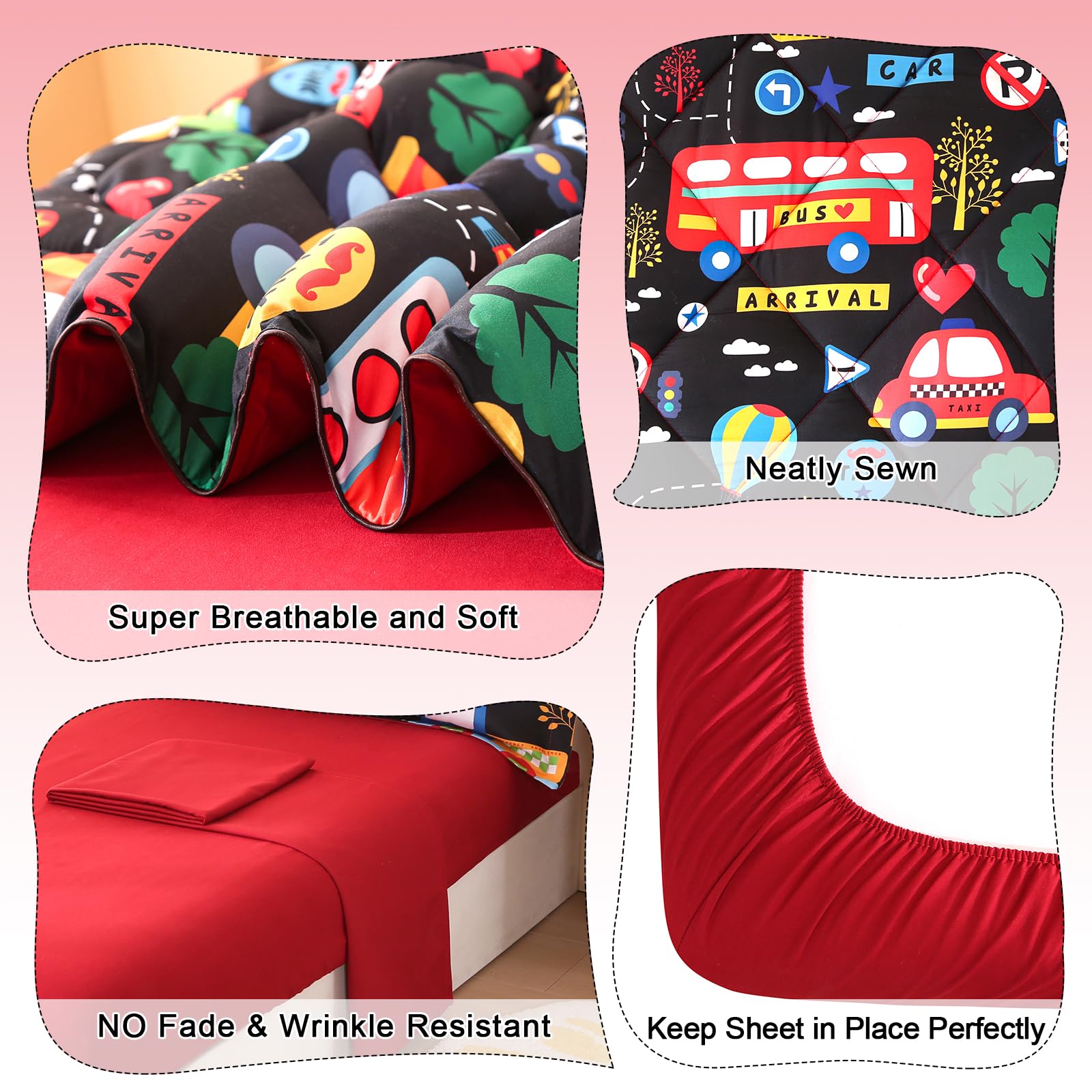 Wowelife toddler bedding fitted sheet in black transportation offers snug, breathable fit.
