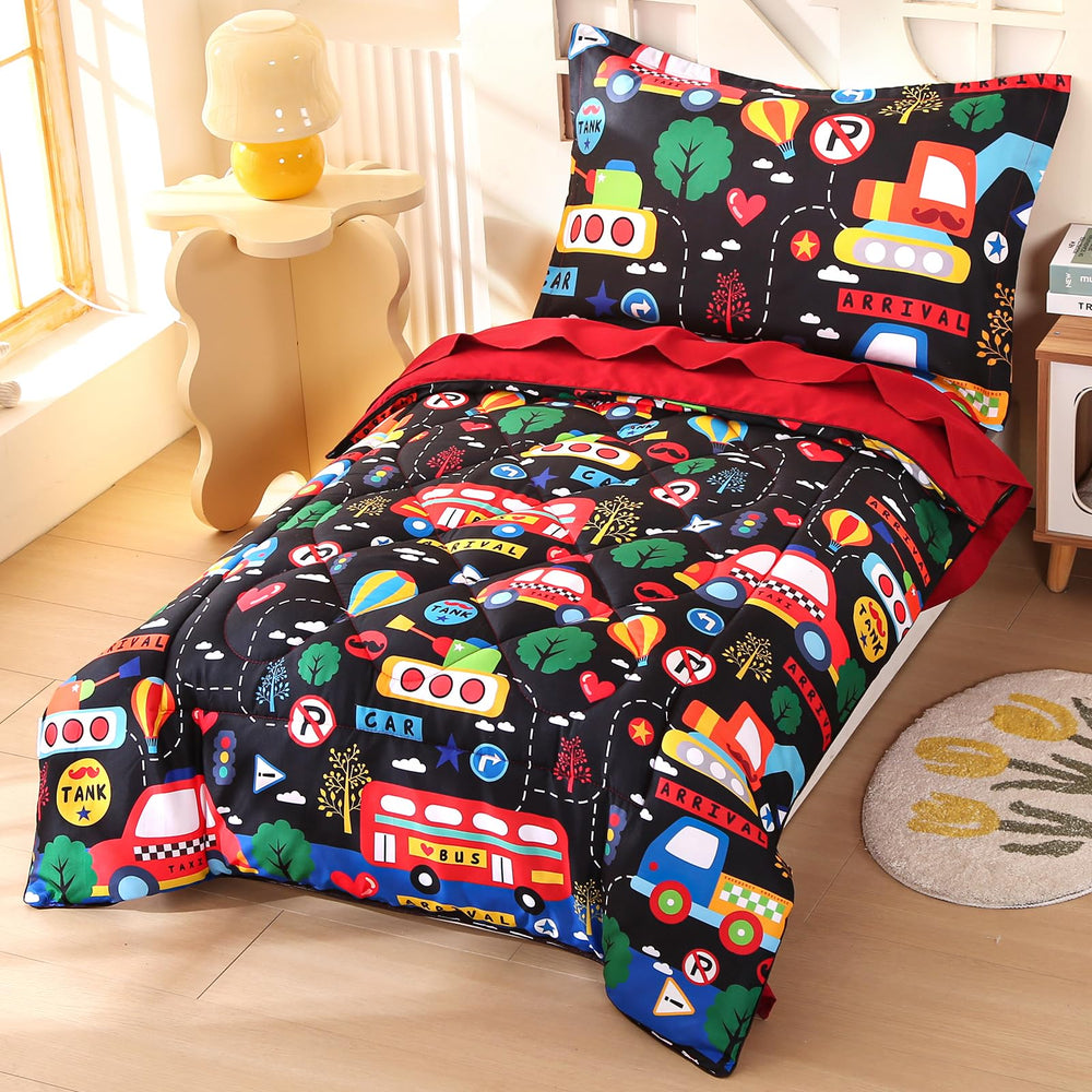 Wowelife toddler bedding flat sheet in black transportation provides smooth bedtime coverage.