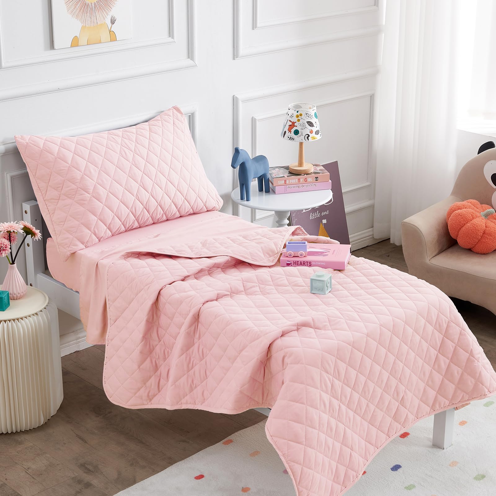 Wowelife toddler bedding pink packaging image highlights ready-to-use four-piece set.