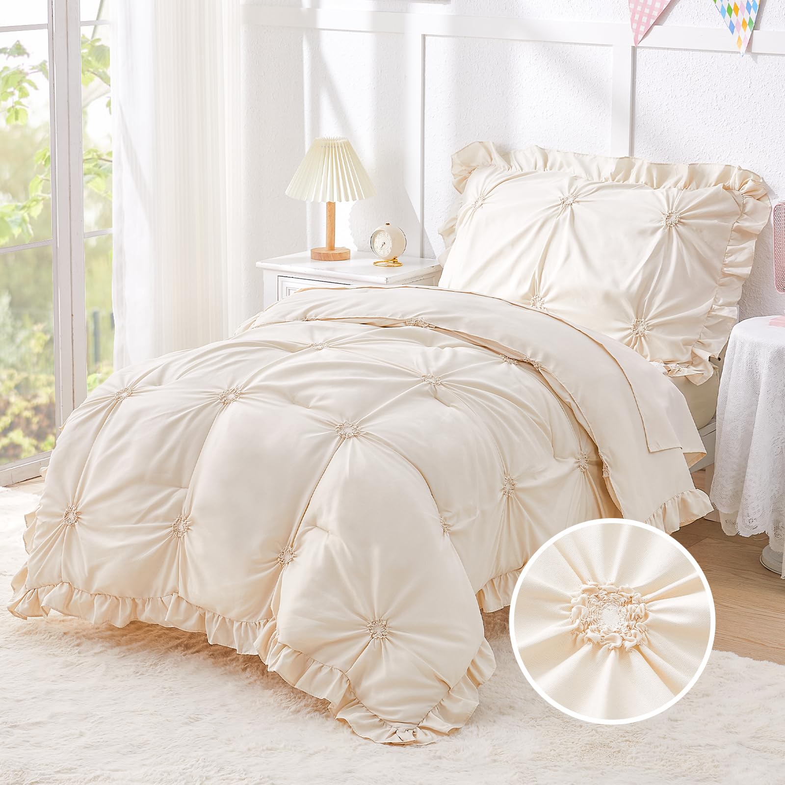 Wowelife comforter front beige tones shows decorative ruffles and warm feel for nap time