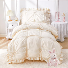 Wowelife toddler bedding set beige floral ruffles closeup, showcasing soft jacquard texture for cozy sleep