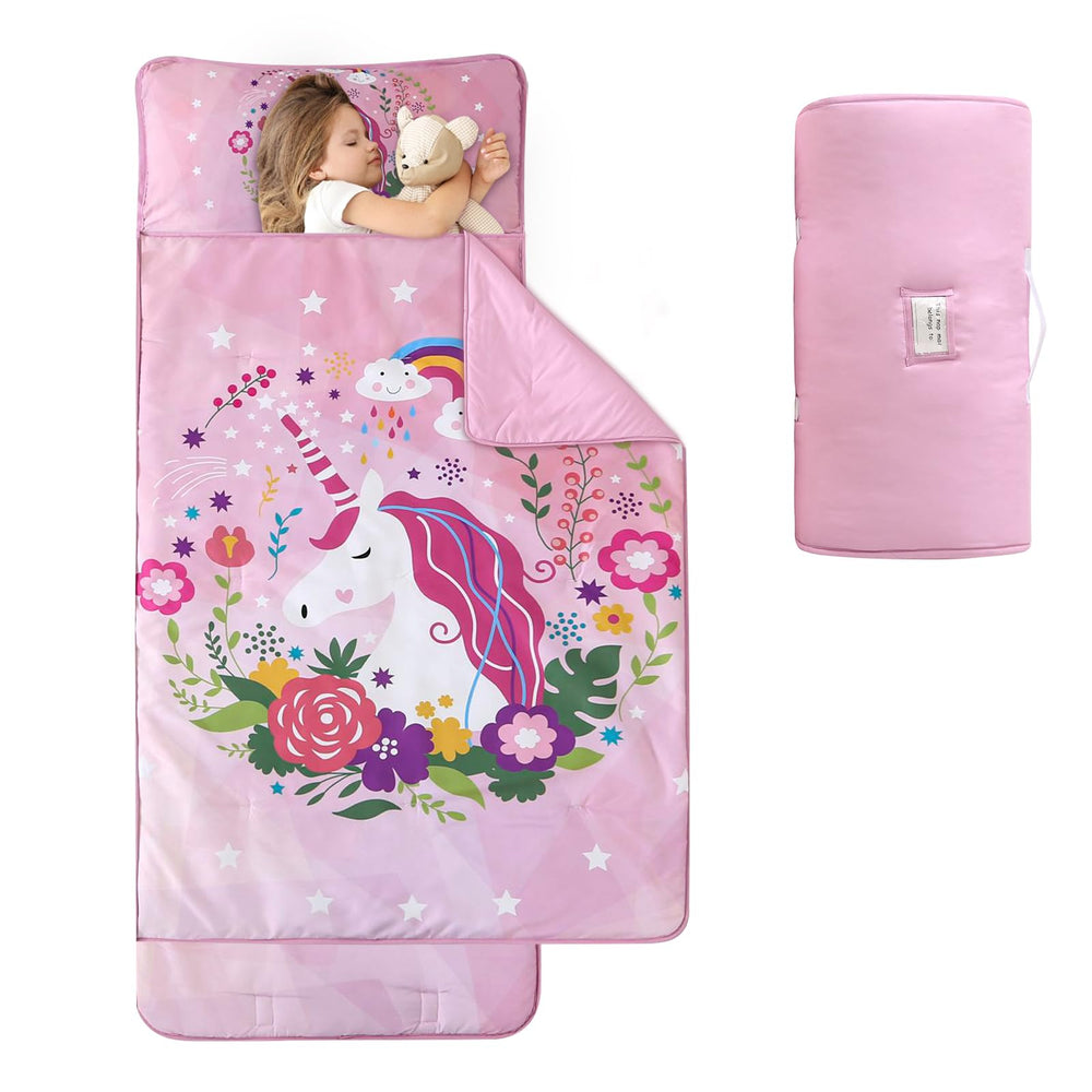 Wowelife toddler nap mat pink unicorn folded for easy transport.