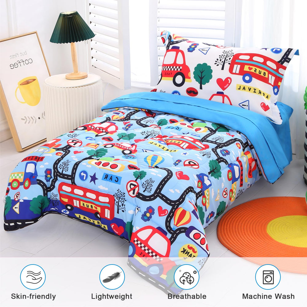 Wowelife top sheet blue car design enhances cozy nap times.