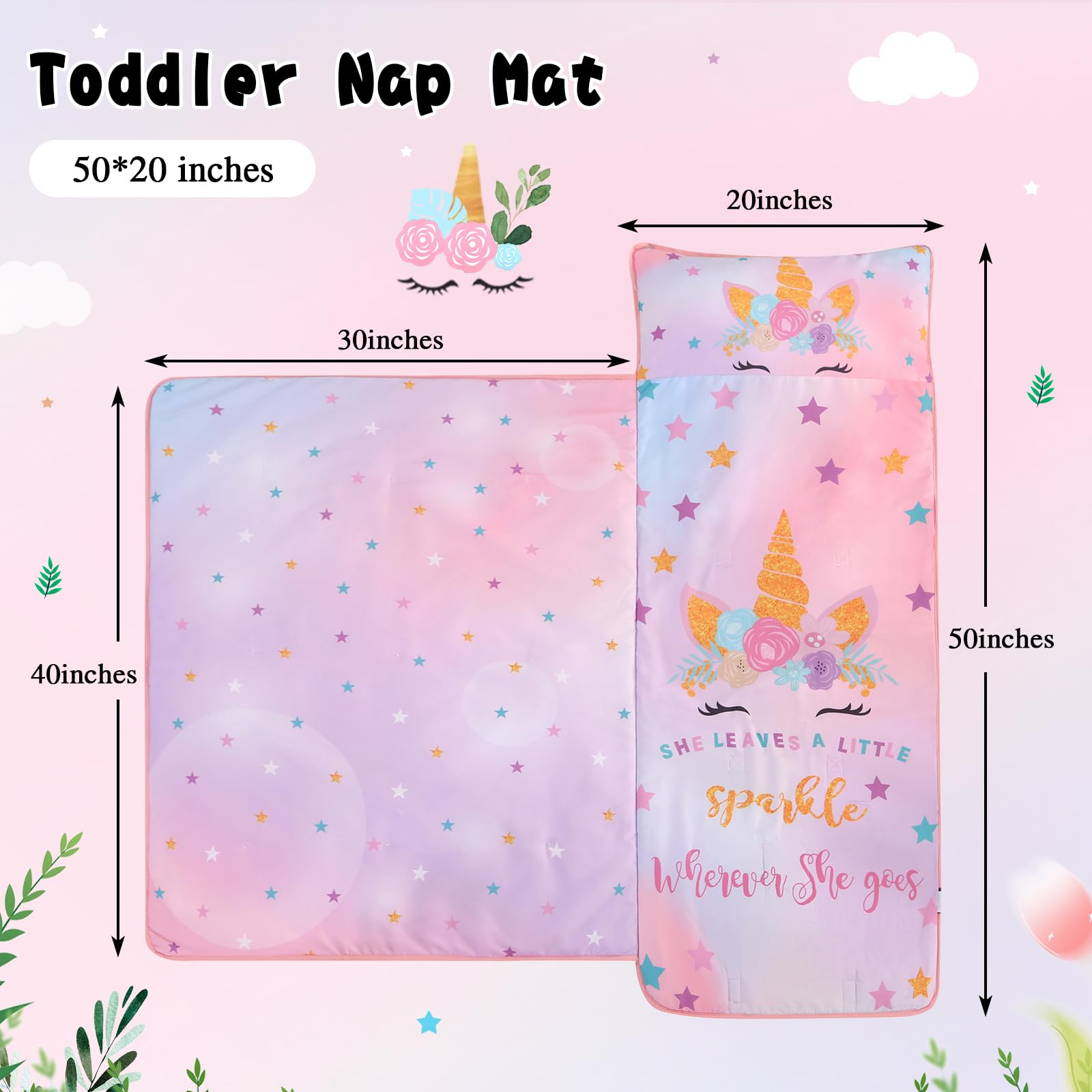 Wowelife Unicorn Nap Mat pink design with cozy blanket inside for naps.