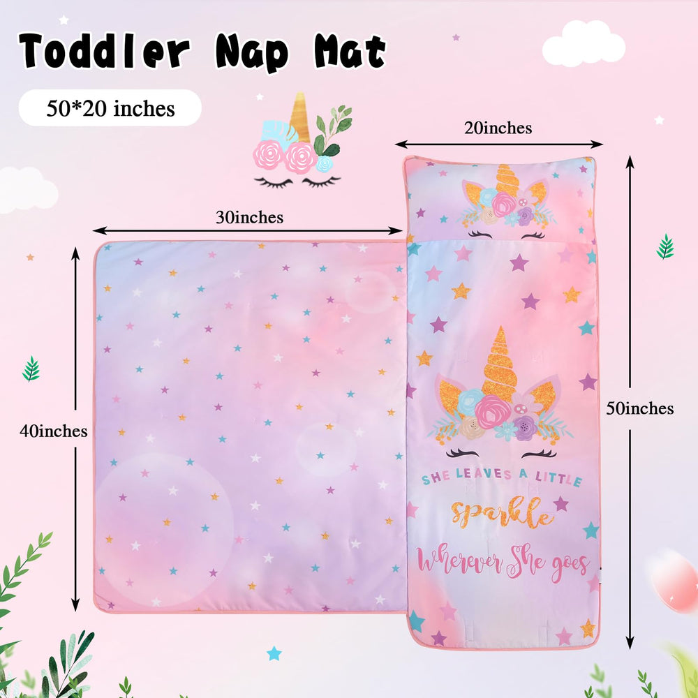 Wowelife Unicorn Nap Mat pink design with cozy blanket inside for naps.