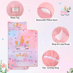 Wowelife Unicorn Nap Mat with removable pillow for easy washing and customization.