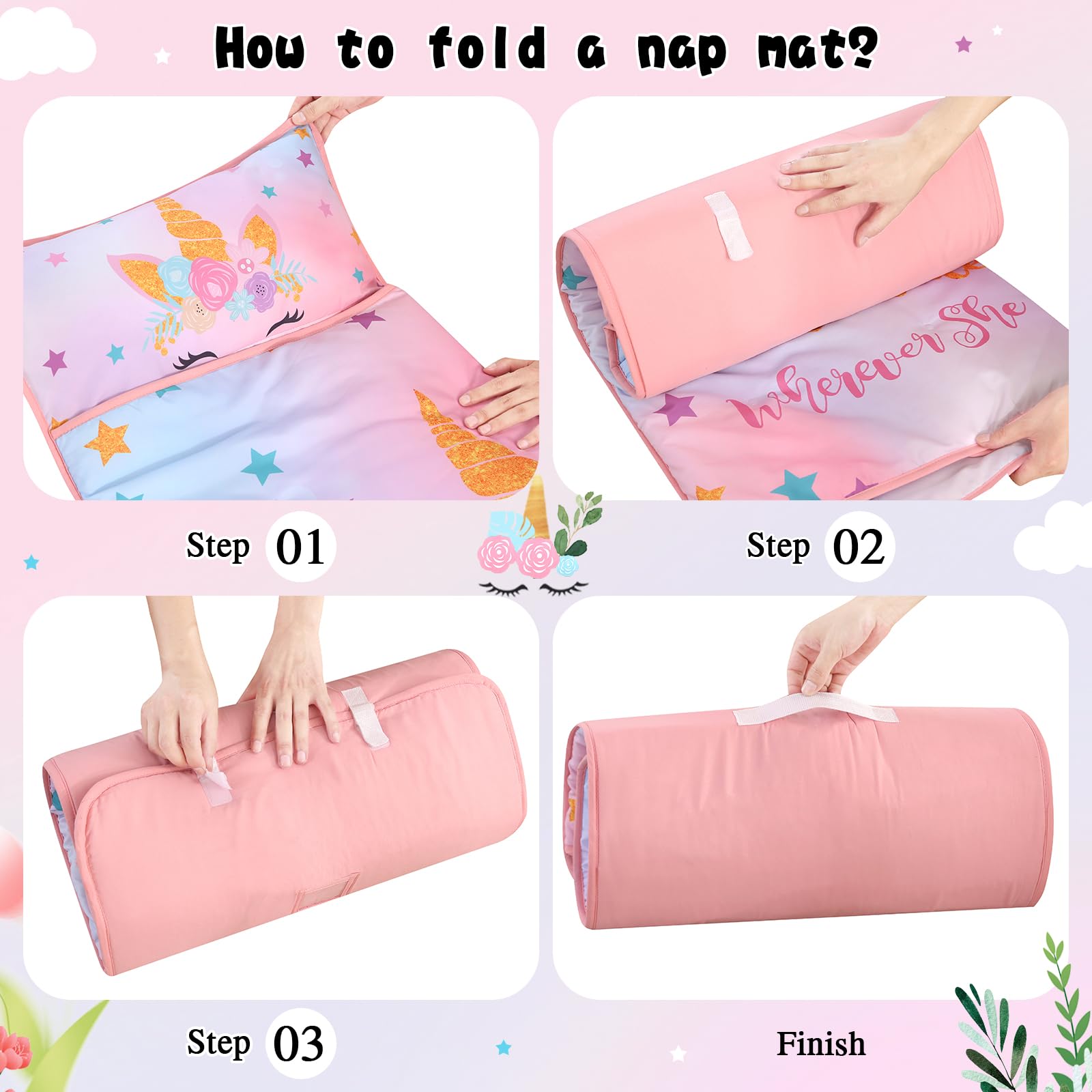 Wowelife Unicorn Nap Mat unicorn theme design enhances cheerful naptime ambience.