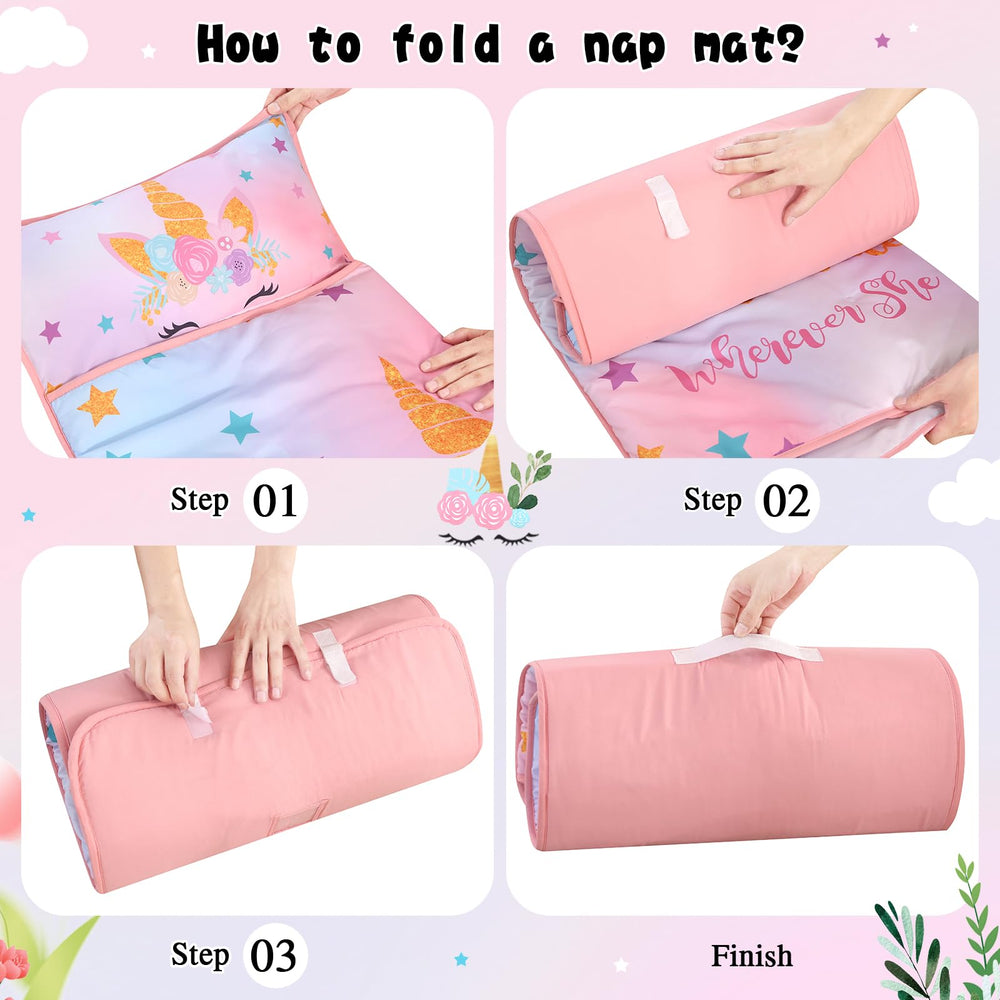Wowelife Unicorn Nap Mat unicorn theme design enhances cheerful naptime ambience.
