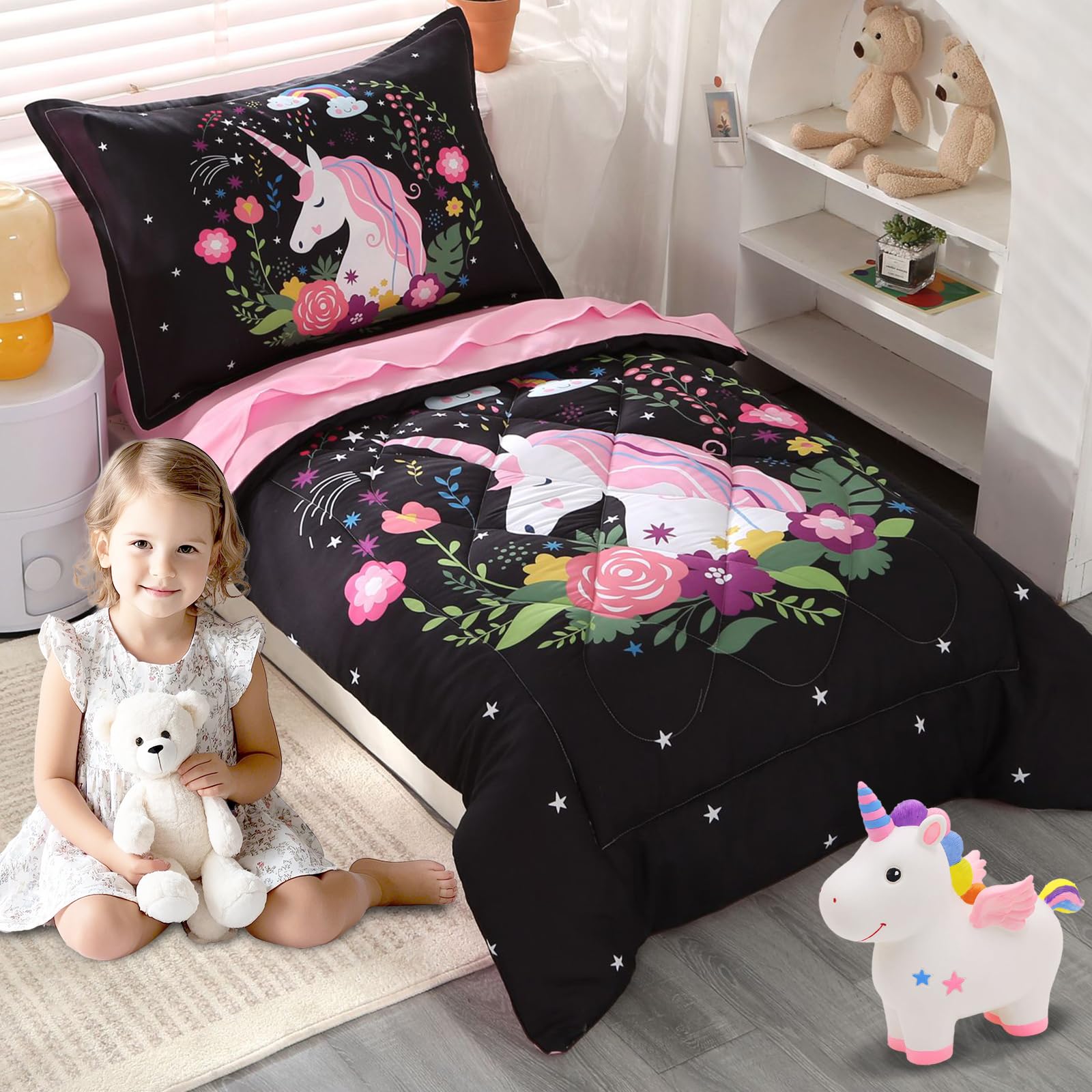 Wowelife unicorn-toddler-bedding-set-comforter highlights breathable cotton-tencel for cozy nights.