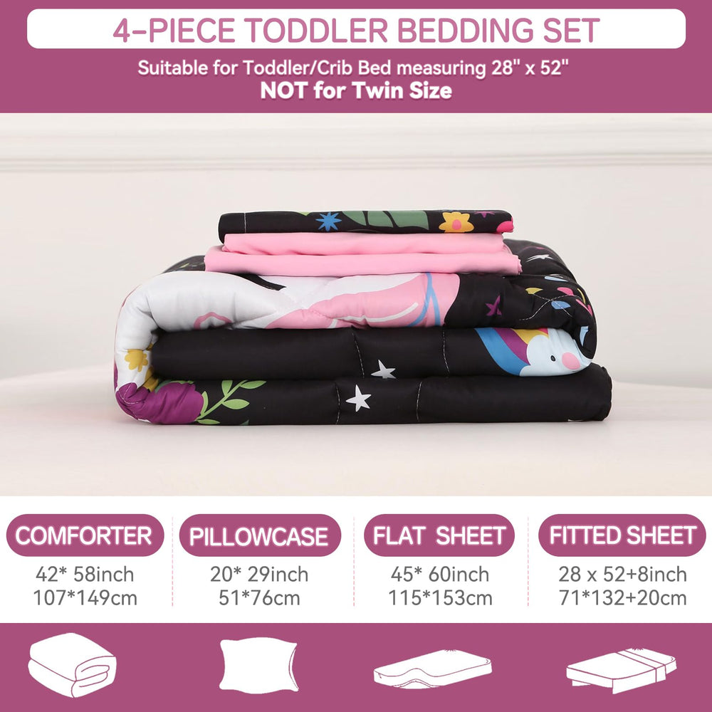 Wowelife unicorn-toddler-bedding-set-design-elements captures unicorn and rainbow theme inspiring imagination.
