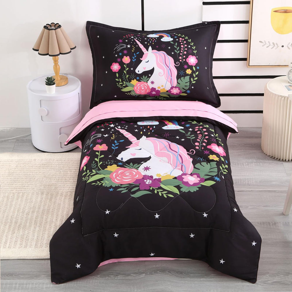 Wowelife unicorn toddler bedding packaging shows four-piece set ready for quick bedroom refresh.