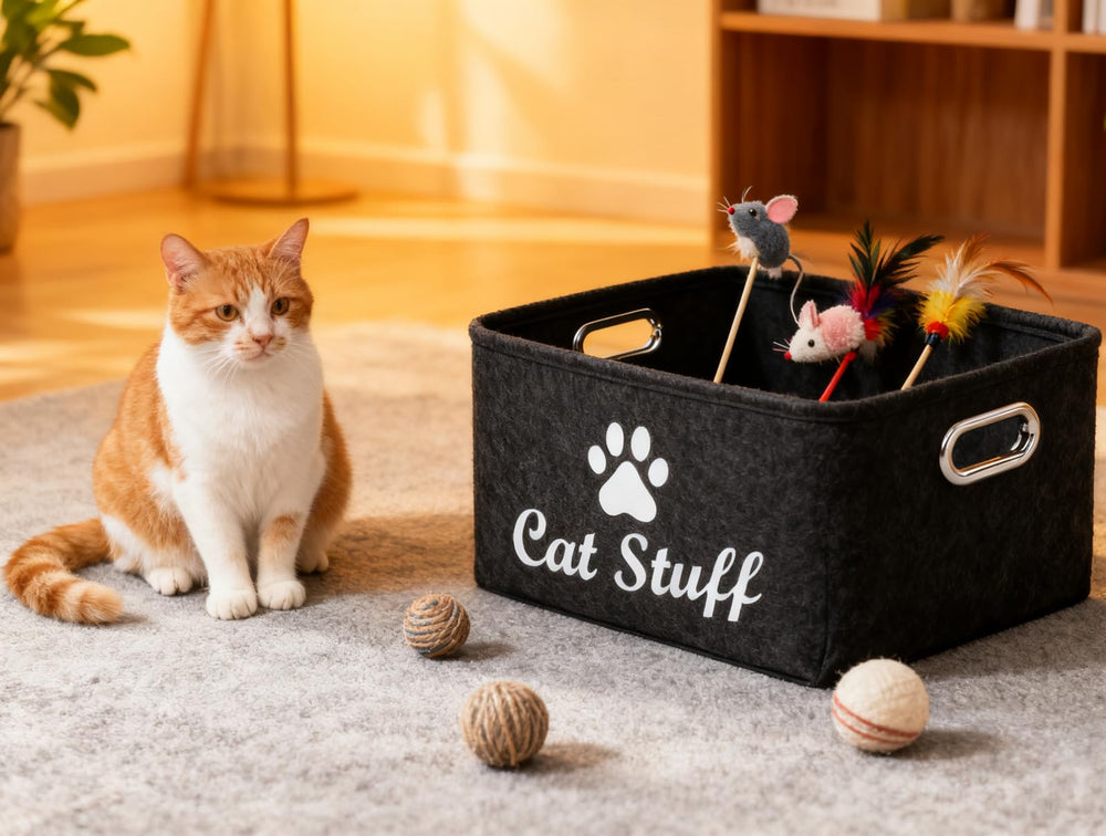 Wpetle cat toy bin closeup showing collapsible design for space-saving storage.