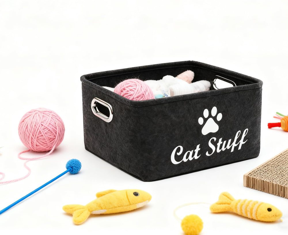 Wpetle cat toy bin provides multi-purpose storage for toys, treats, collars.