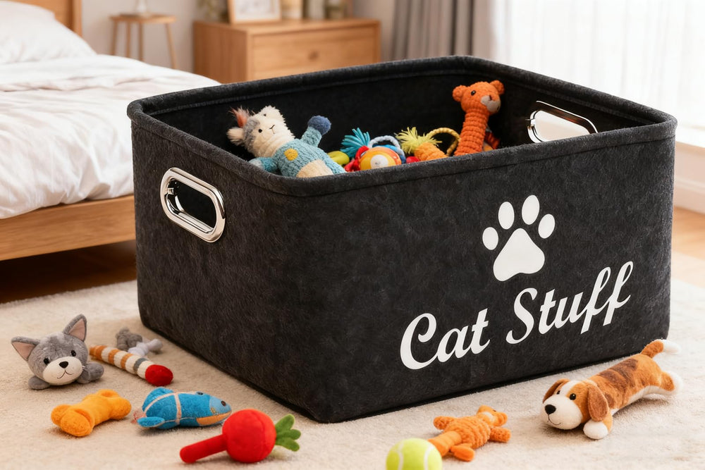 Wpetle cat toy bin on hard floor remains quiet compared to plastic bins.