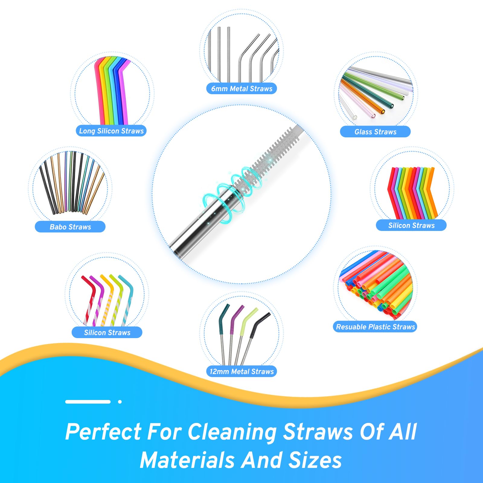 WQSS AOEIU silicone bottle brush set with multiple bristle shapes for varied containers.