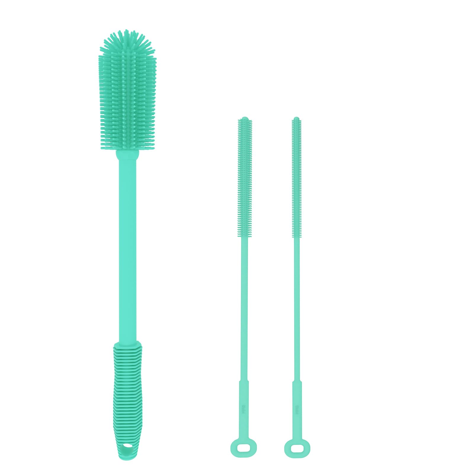 WQSS AOEIU silicone bottle brush set cleans bottles thoroughly without scratching.