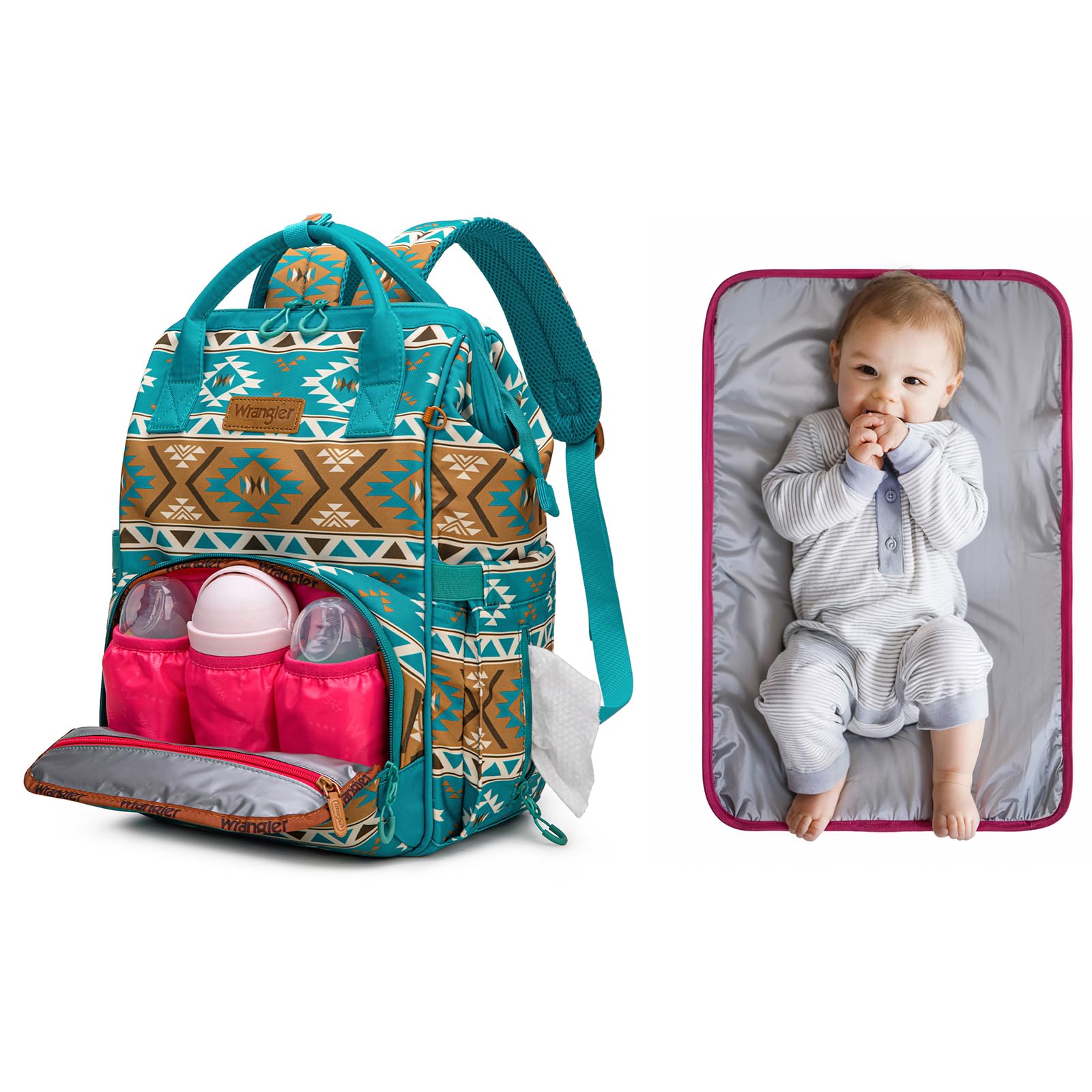 Wrangler Aztec Backpack changing pad feature for easy on-the-go diaper changes.