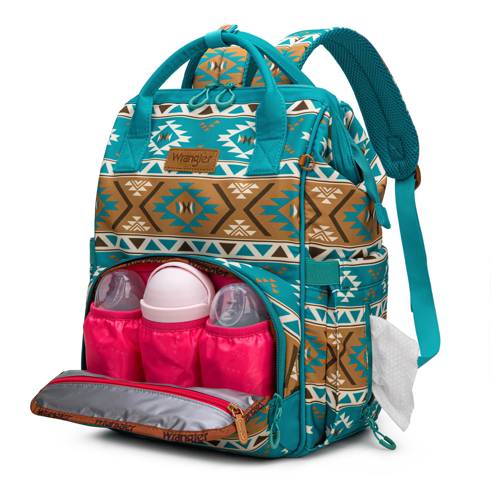 Wrangler Aztec Backpack detailed pockets maximize organization of diapers and toys.