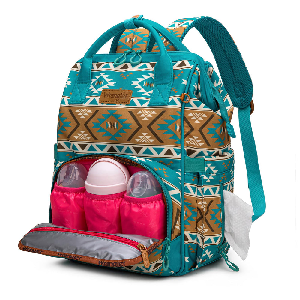 Wrangler Aztec Backpack detailed pockets maximize organization of diapers and toys.