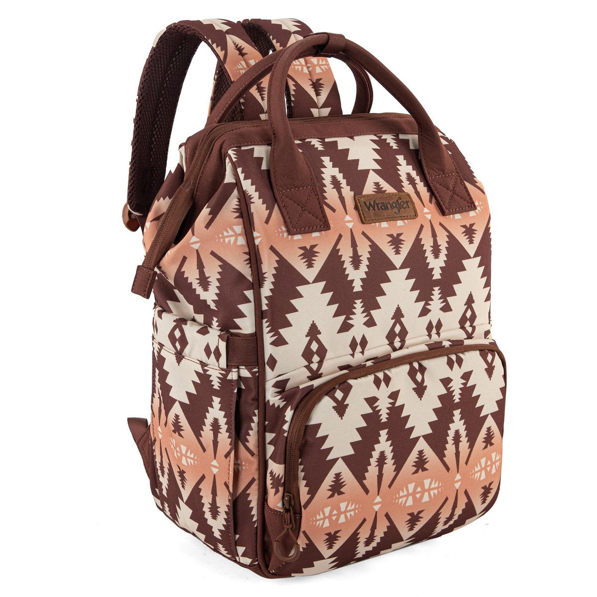 Wrangler Aztec Backpack front view, a stylish daily diaper bag with organized compartments.
