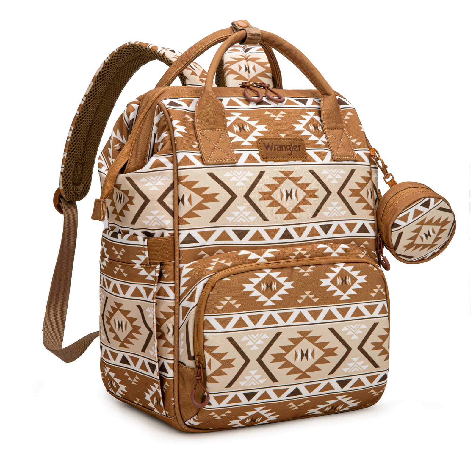 Wrangler Aztec Backpack front view highlighting organized space for baby essentials.