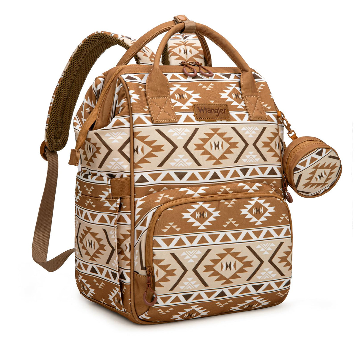 Wrangler Aztec Backpack front view highlighting organized space for baby essentials.