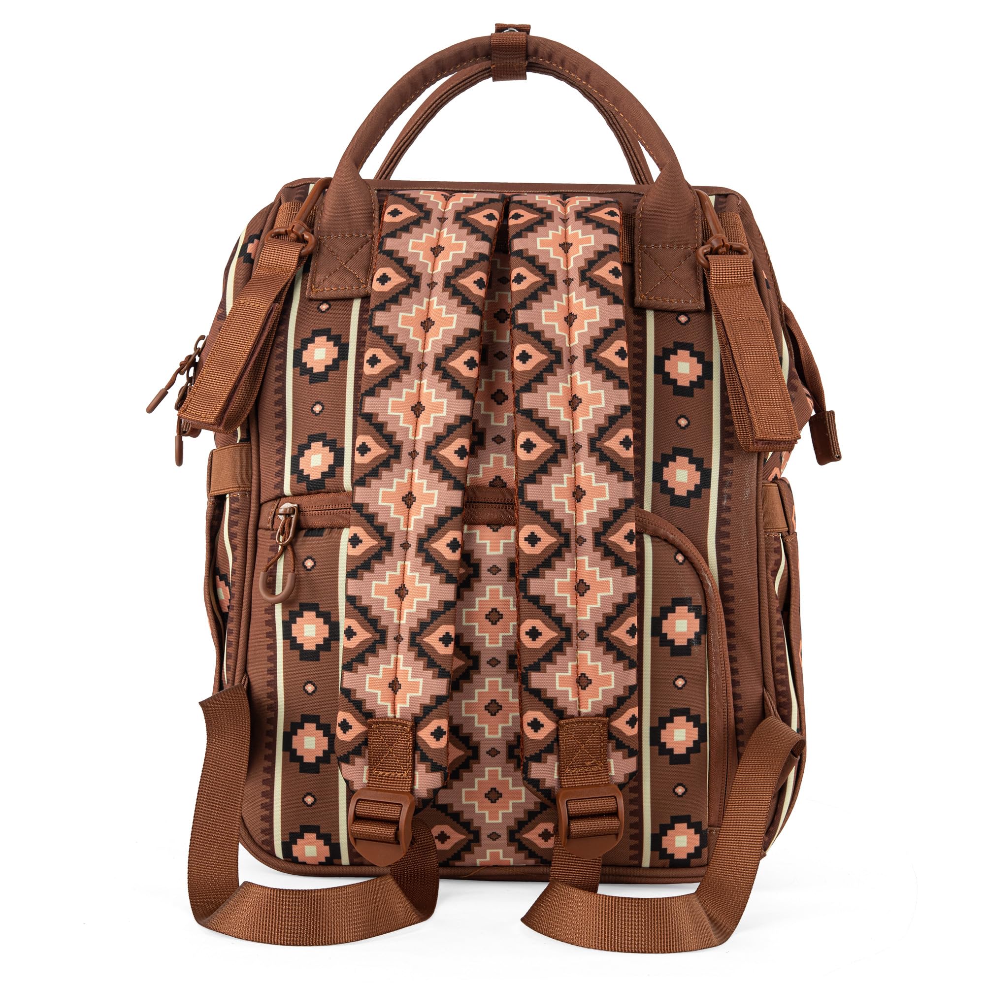 Wrangler Aztec Backpack organized-compartments shown on a busy day with baby essentials.
