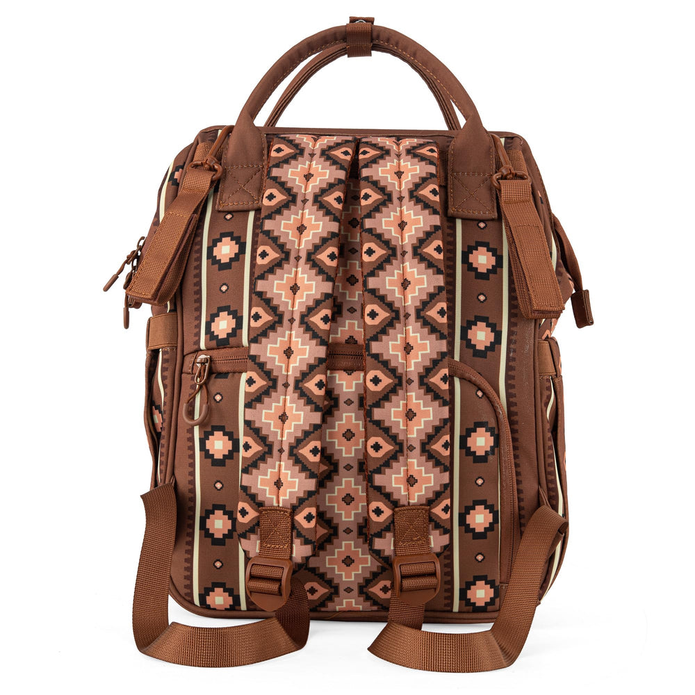 Wrangler Aztec Backpack organized-compartments shown on a busy day with baby essentials.