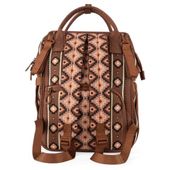 Wrangler Aztec Backpack organized-compartments shown on a busy day with baby essentials.