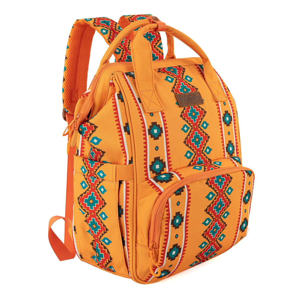 Wrangler Aztec backpack front view with stroller strap for hands-free outings