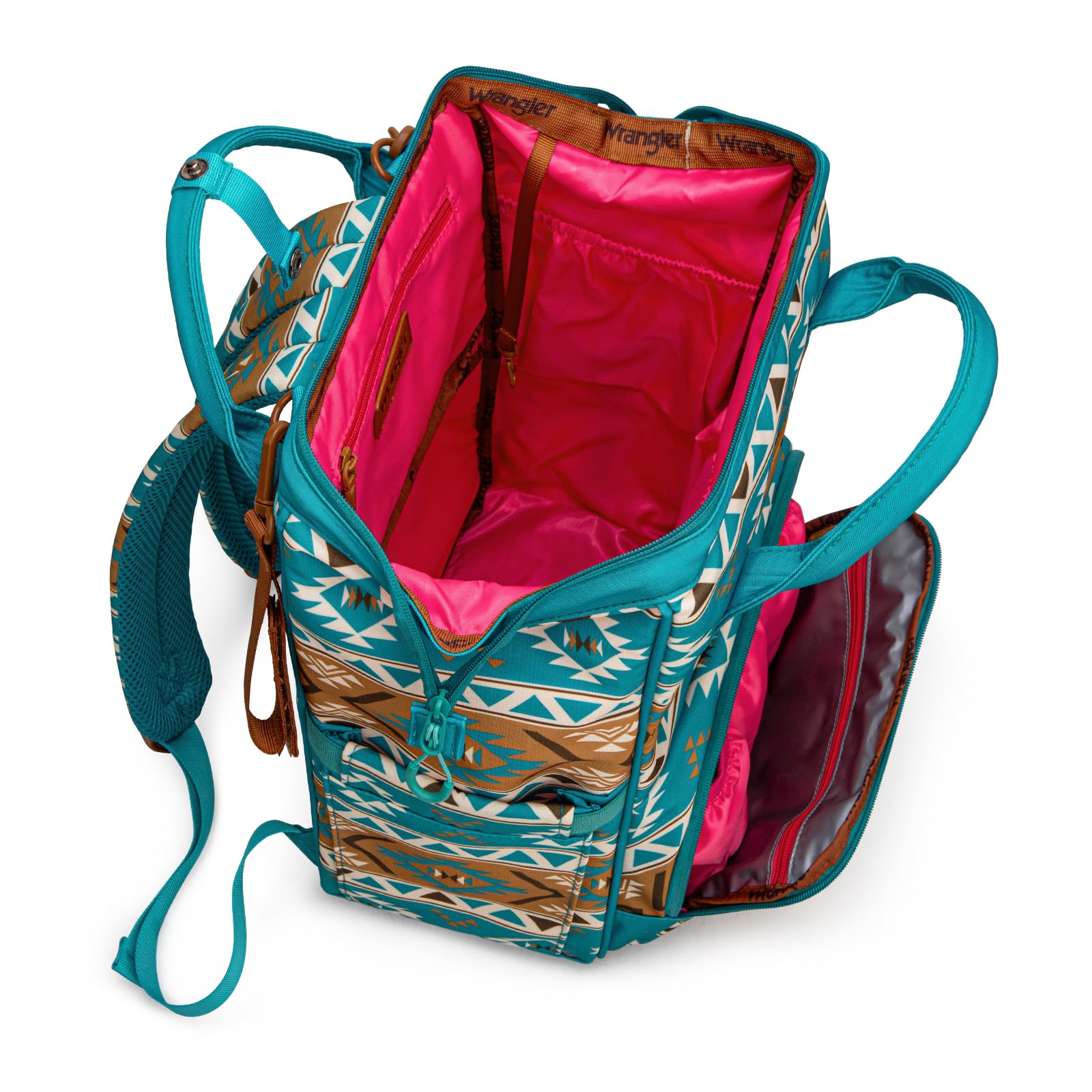 Wrangler Aztec Backpack pacifier case keeps essentials accessible on busy days.