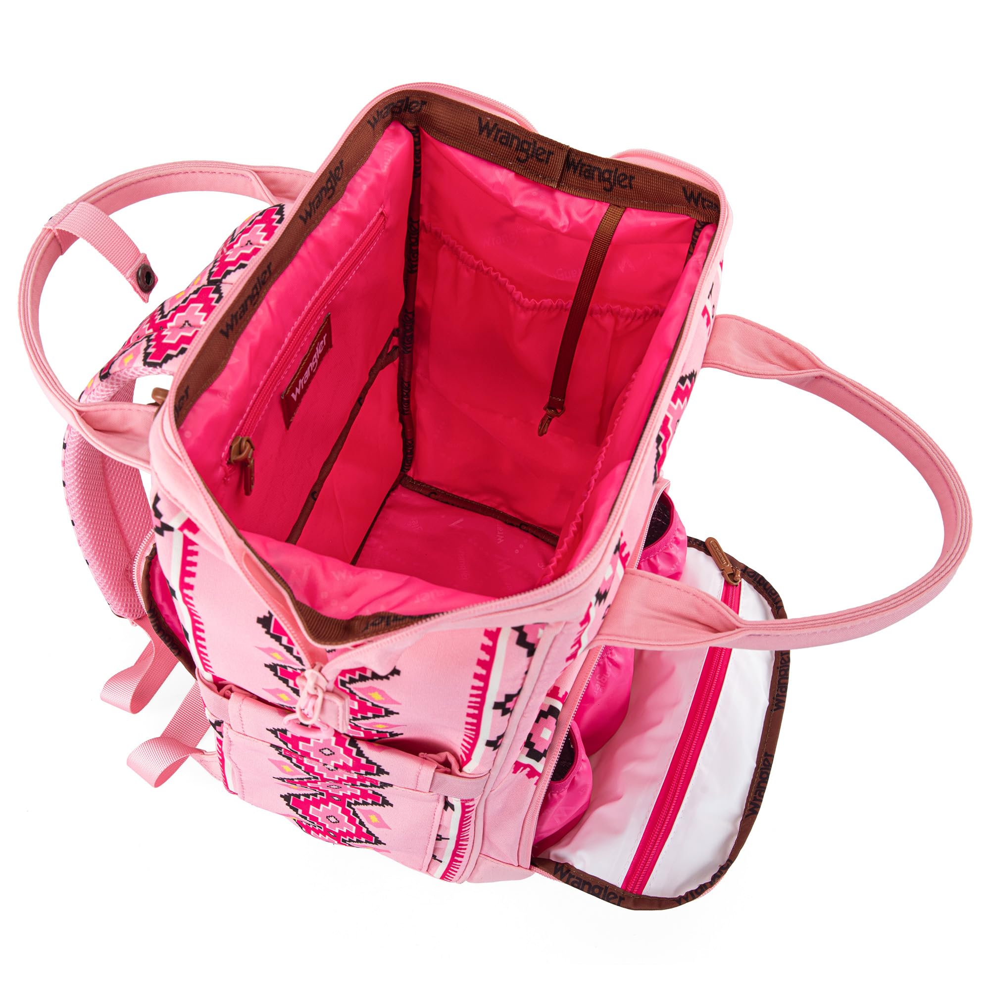 Wrangler Aztec Backpack side bottle pocket for easy bottle access.