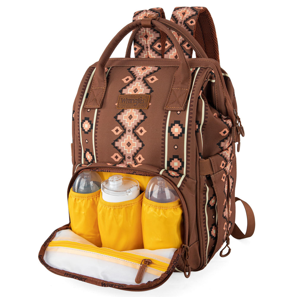 Wrangler Aztec Backpack stroller-strap in use during a family stroll for hands-free comfort.