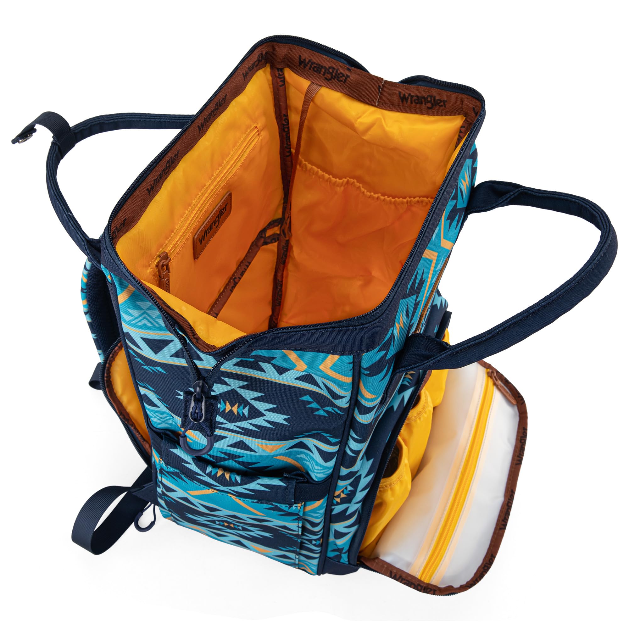Wrangler Aztec Backpack stroller-strap feature ready for hands-free shopping trips.