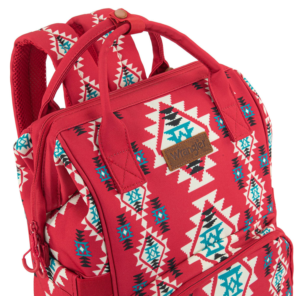 Wrangler Aztec Backpack with stroller strap demonstrates hands-free baby outings
