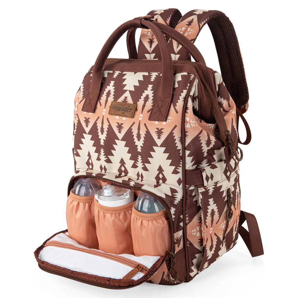 Wrangler Aztec Backpack with stroller strap enables hands-free travel during outings.