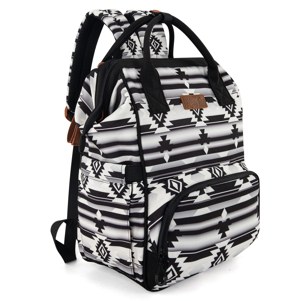 Wrangler Aztec Backpack with stroller strap for easy hands-free baby bag transport.