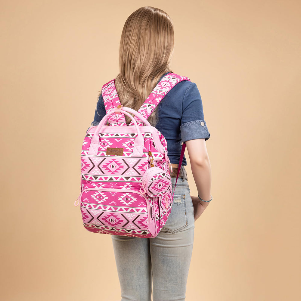 Wrangler Aztec Backpack showing stroller straps for hands-free travel.