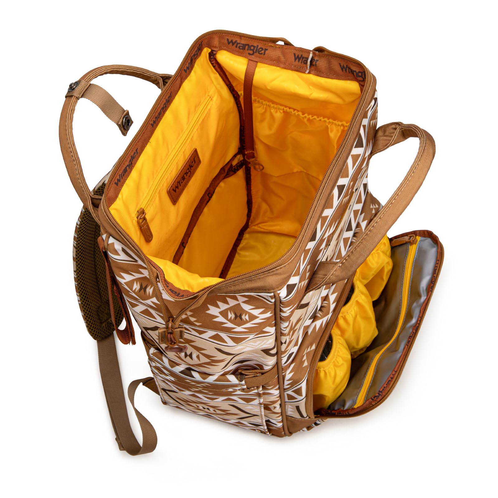 Wrangler Aztec Backpack with stroller straps for hands-free baby outings.