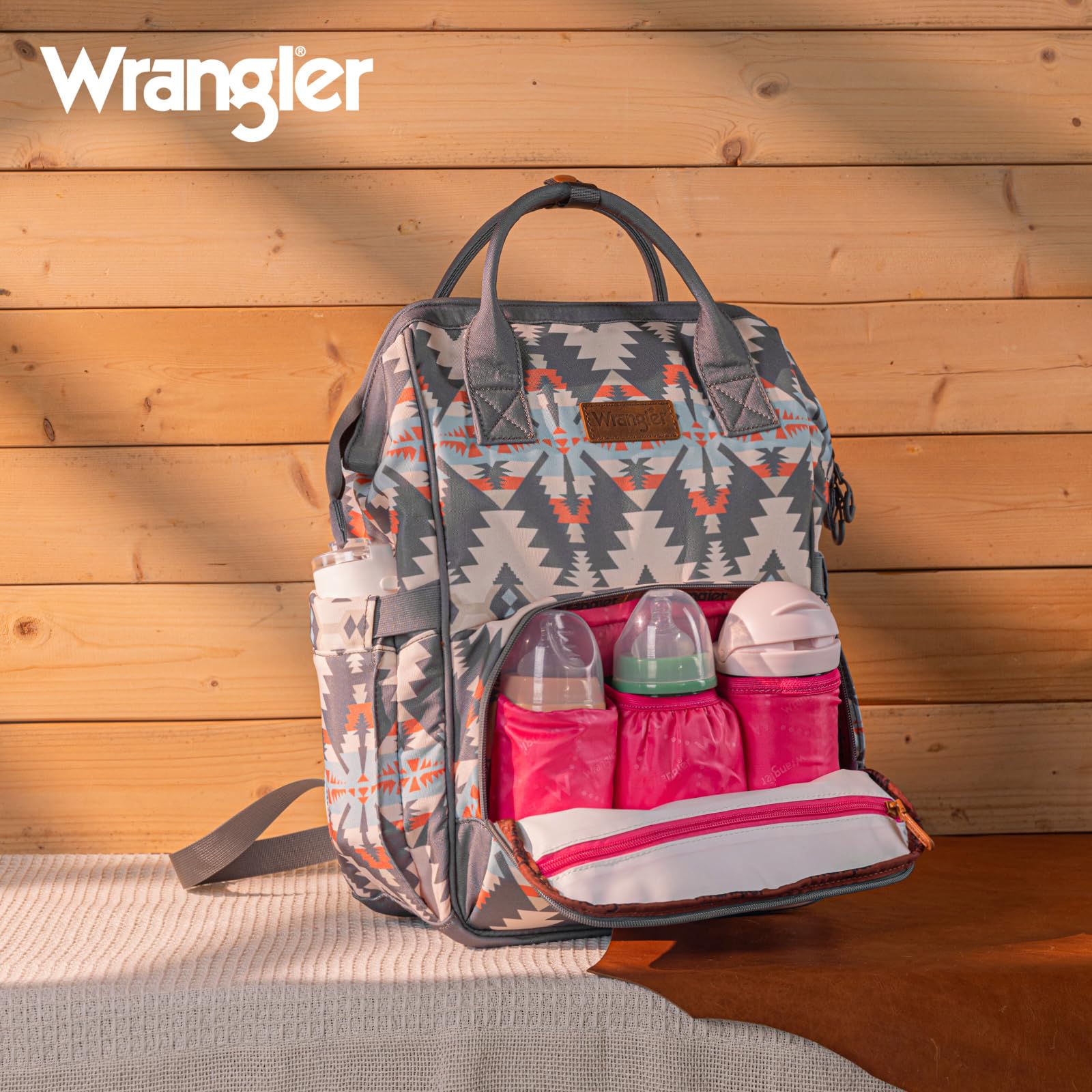 Wrangler Callie diaper bag insulated bottle pockets support feeding on the go