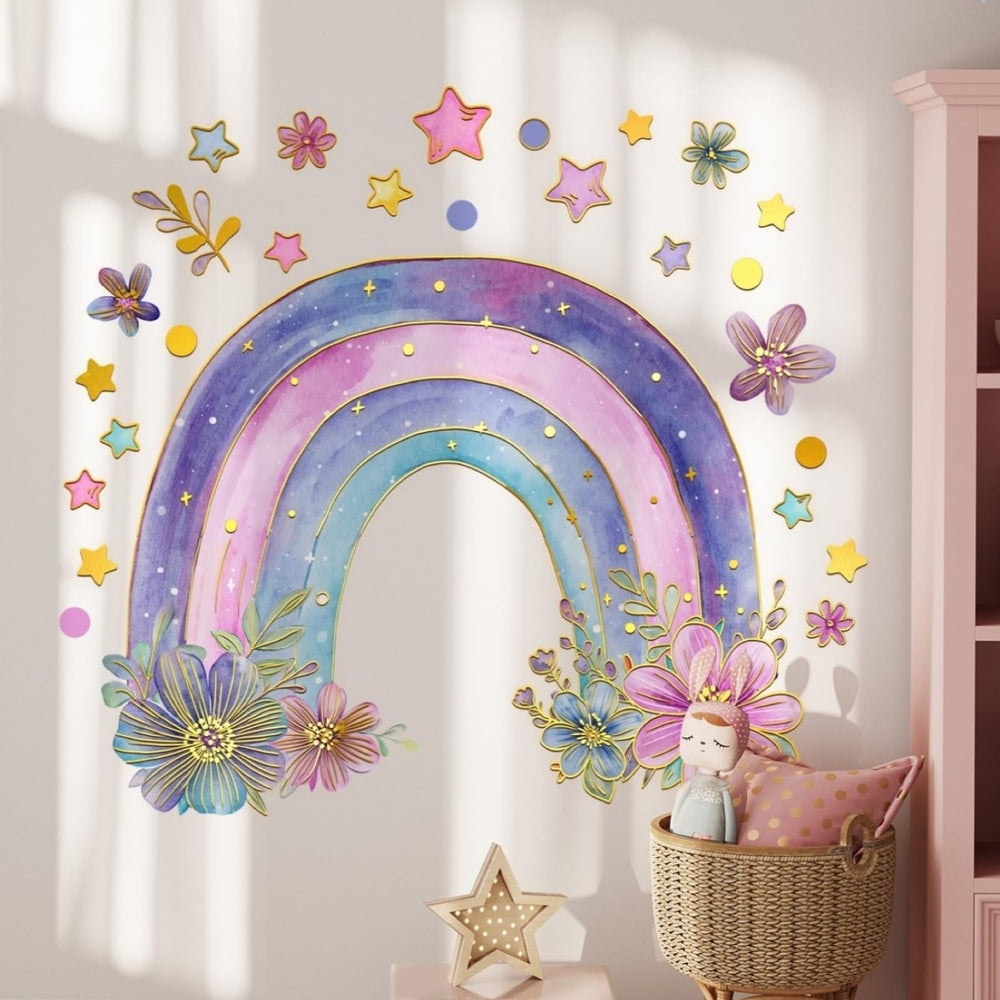 Wrdpyrmnis rainbow wall stickers with flowers brighten a kids' room for play and creativity.