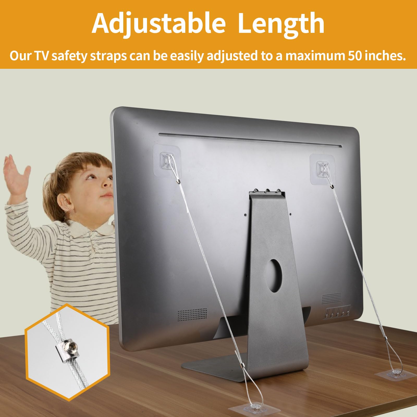 WRICHEAR stainless-steel cable closeup highlights durable anti-tip performance for busy homes.