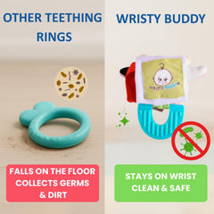 Wristy Buddy sensory teether promotes grasping and exploration for development.